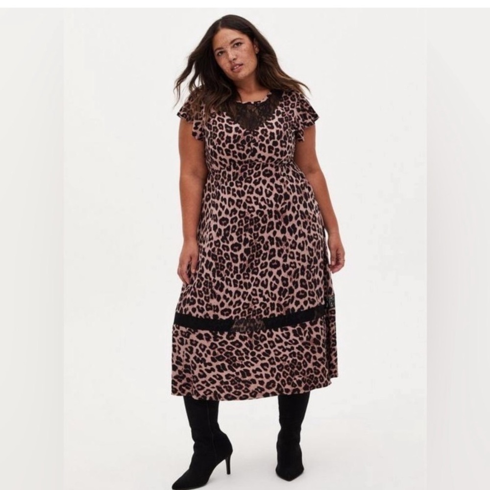 TORRID Midi Studio Knit Dress Leopard 1X Black Brown Lace Animal Print